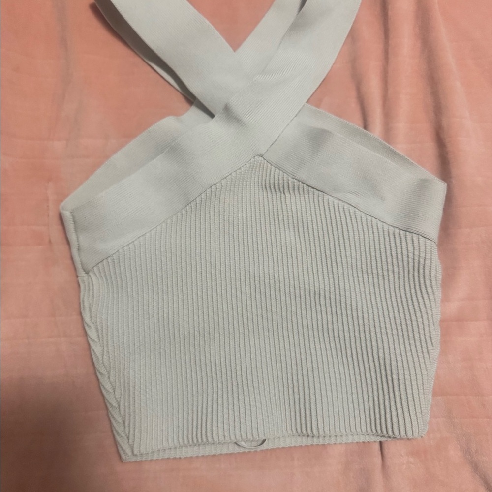Babaton by Aritzia Cream Ribbed Cross Strap Crop Tank 2XS